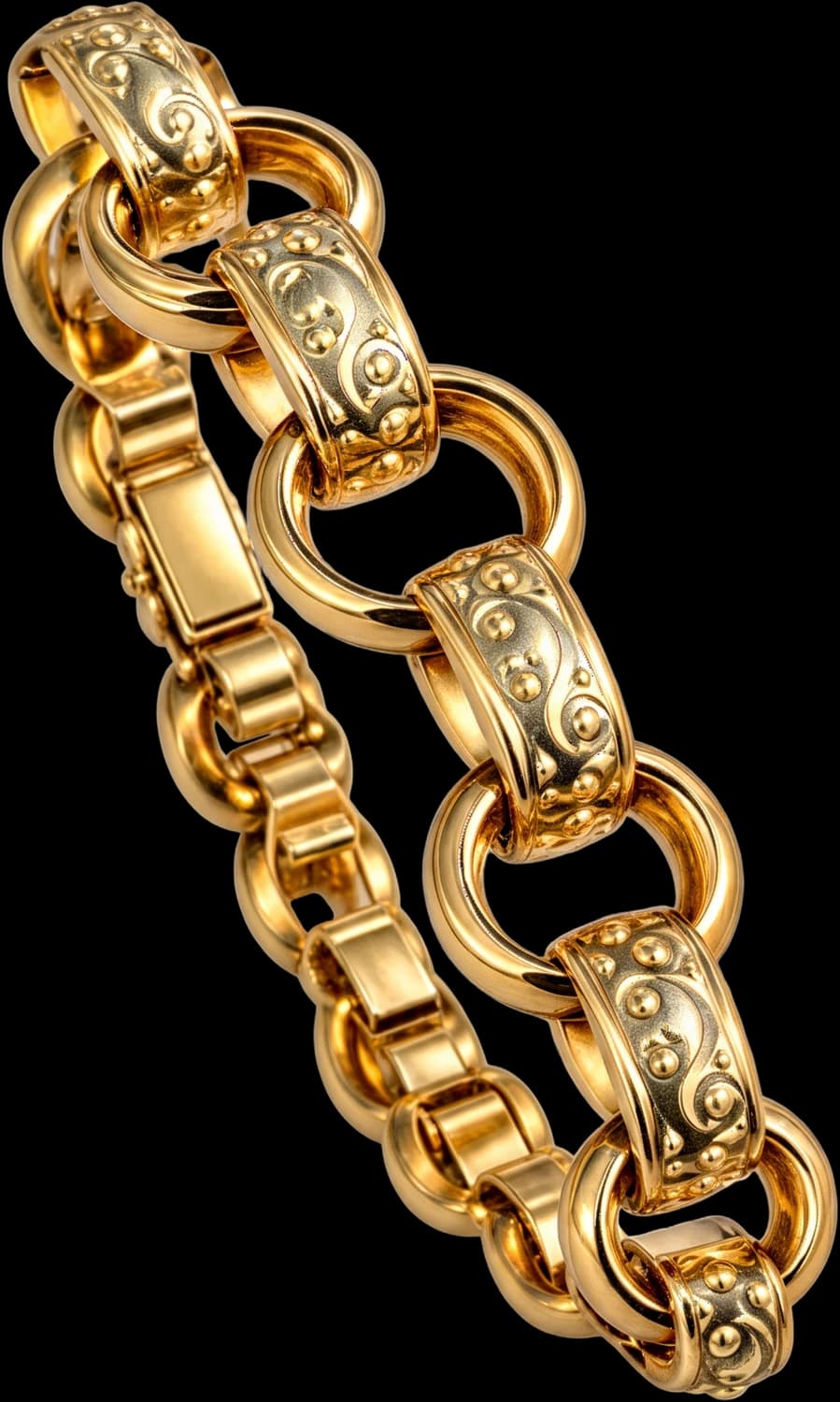 Gold bracelet of alternating round and engraved oval links