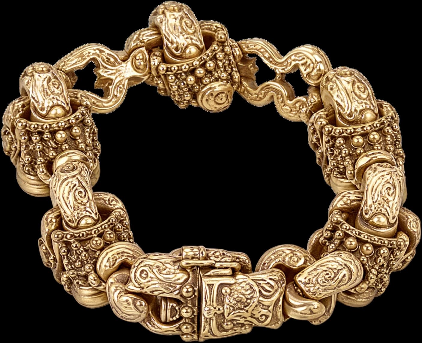 Heavy gold bracelet of engraved links with a box clasp