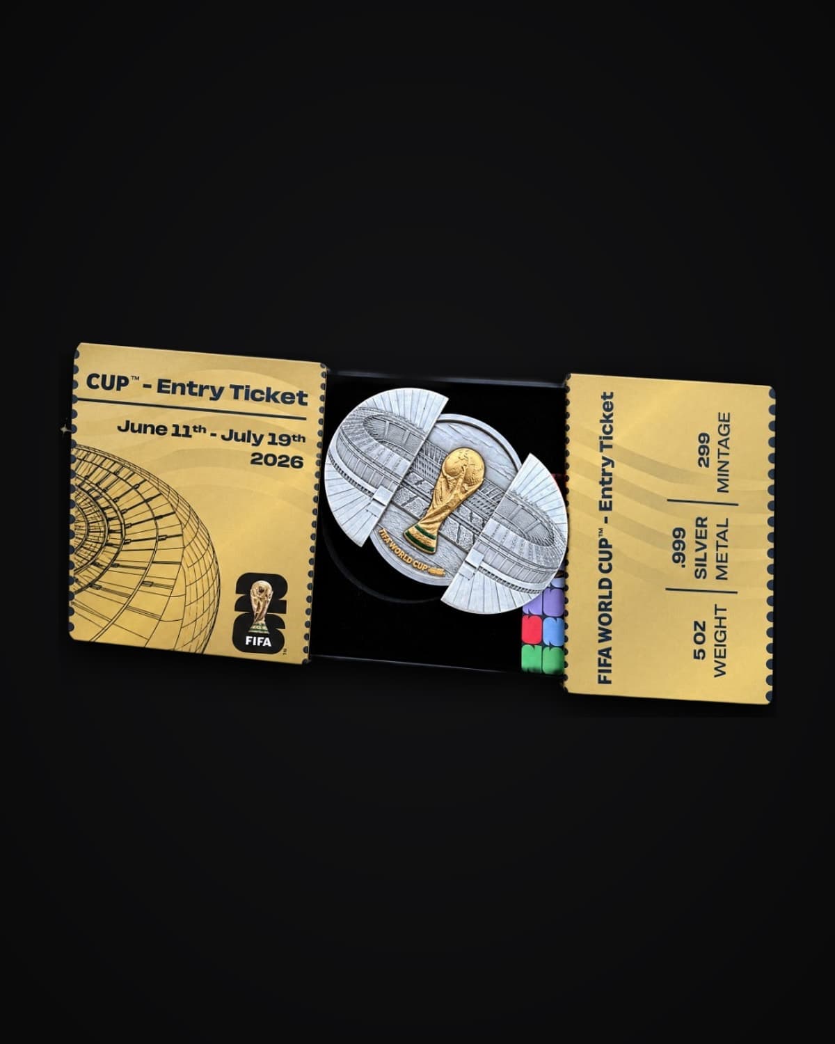 FIFA World Cup 'Entry Ticket' presentation box opened on a 5 oz silver coin showing the trophy
