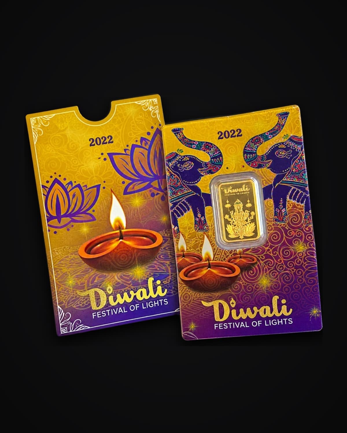Two Diwali collector cards, each with a sealed gold bar
