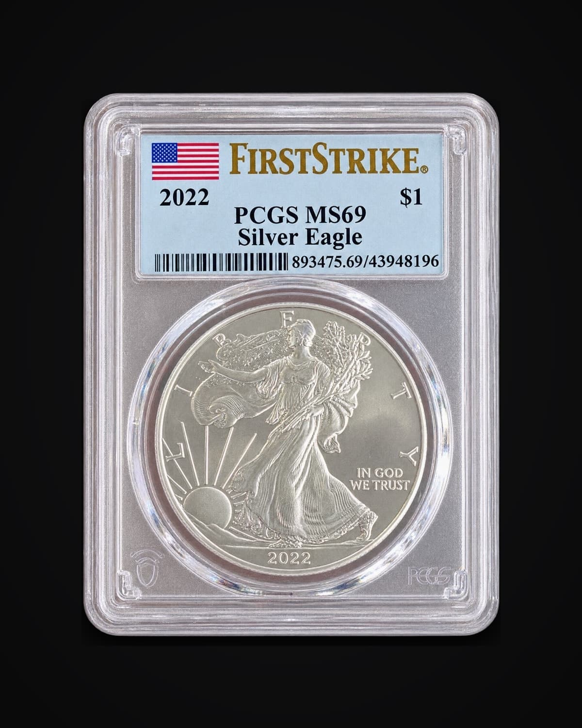 A 2022 American Silver Eagle coin in a graded PCGS MS69 slab