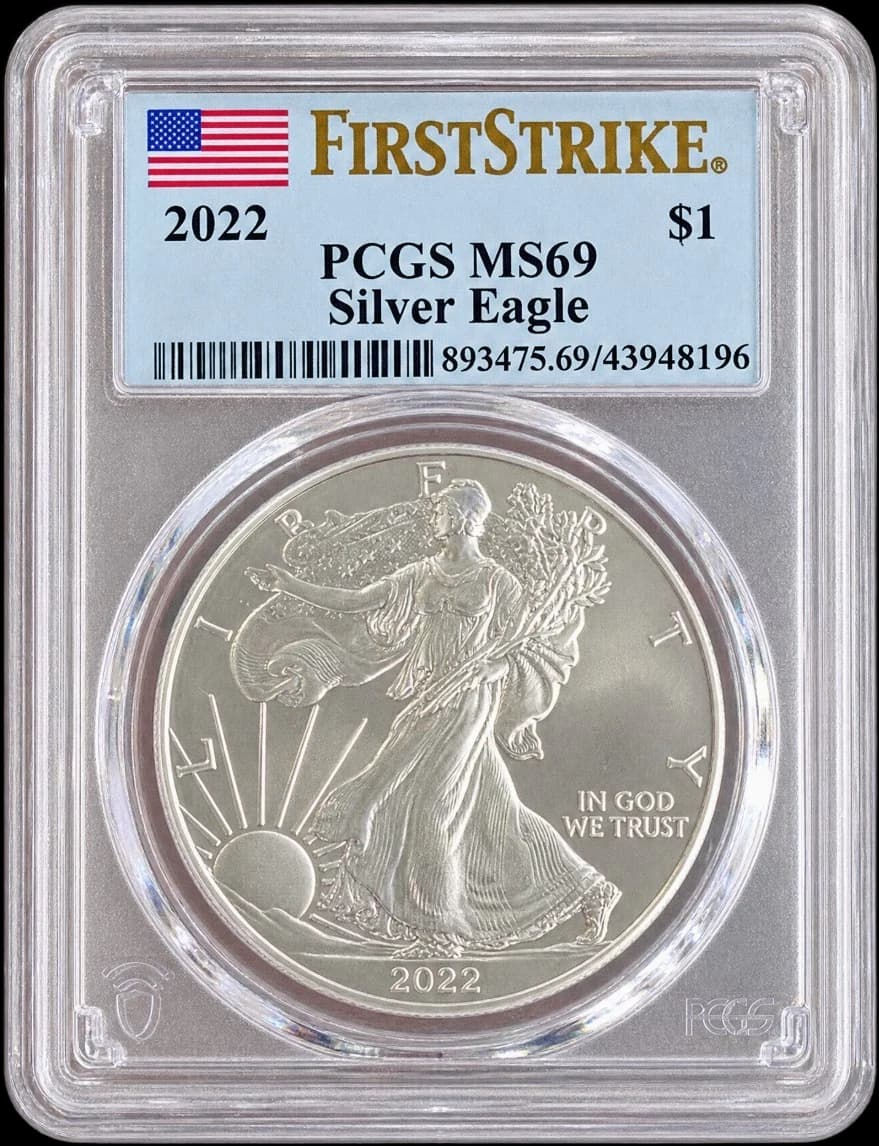 A 2022 American Silver Eagle coin in a graded PCGS MS69 slab
