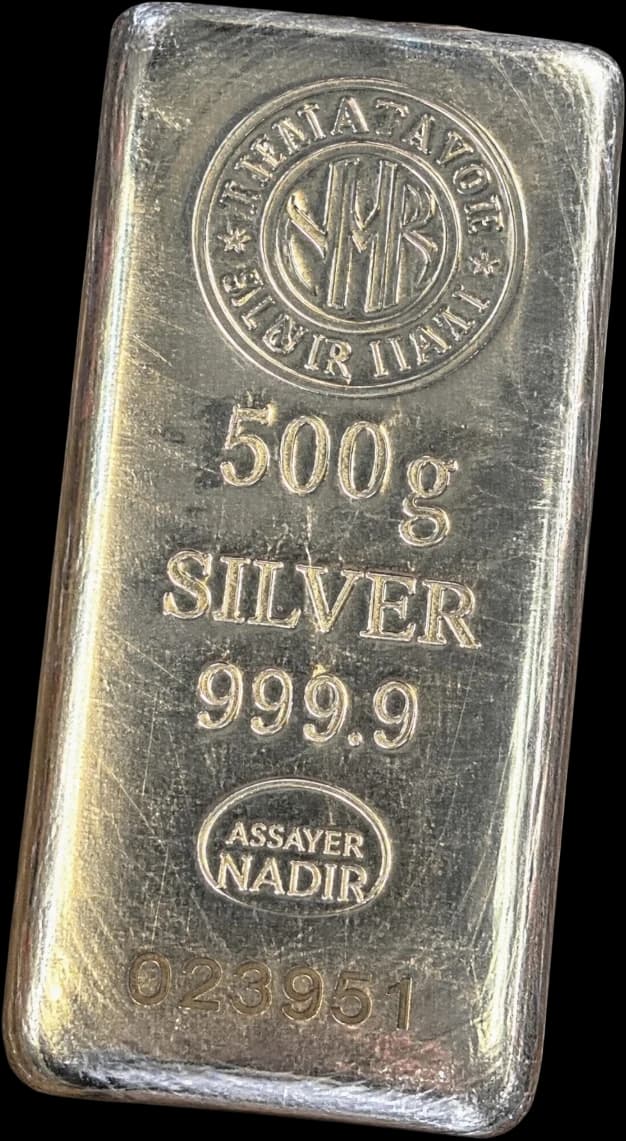 Cast silver bar stamped 500 g, 999.9 silver