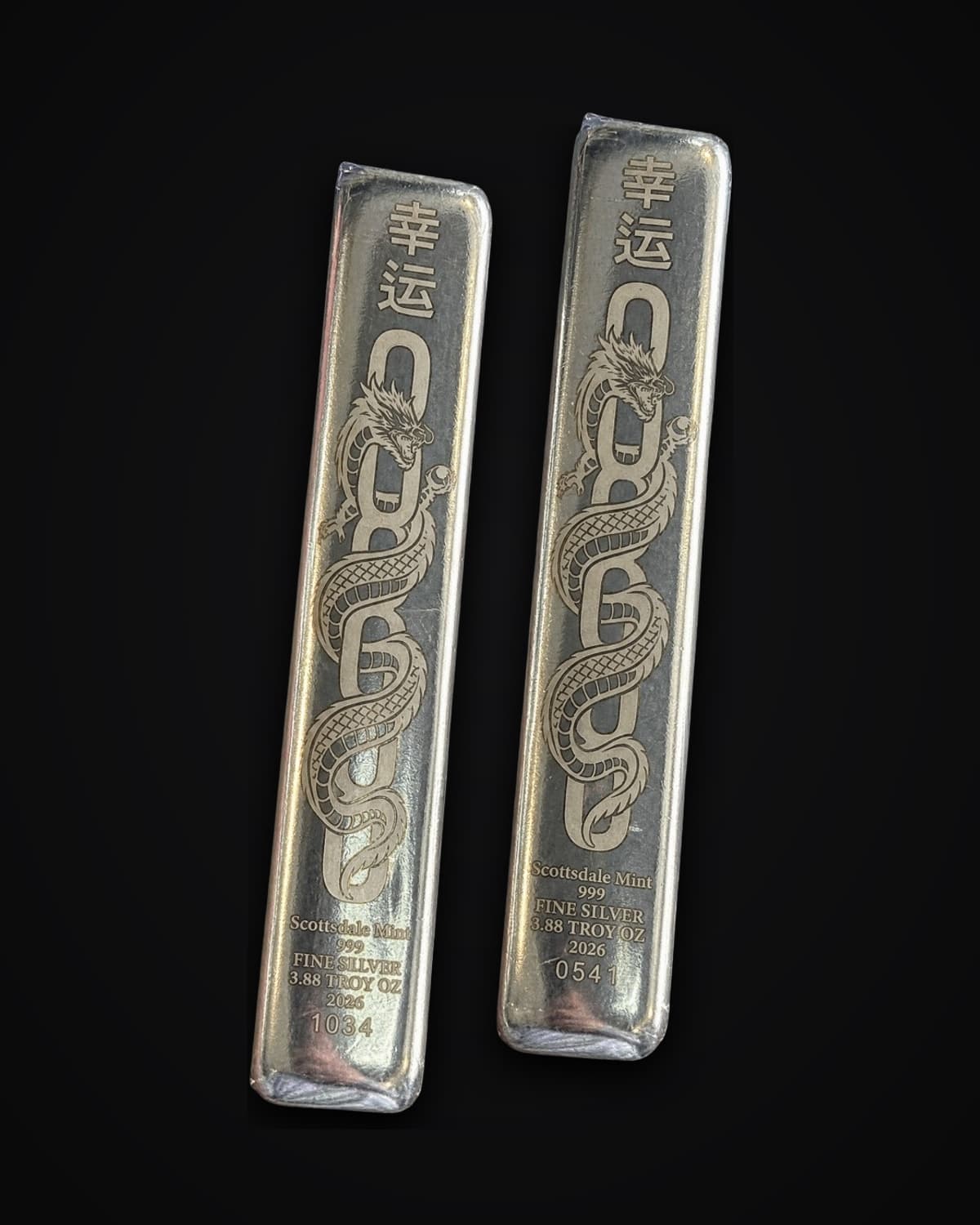 Two silver bars engraved with a dragon design