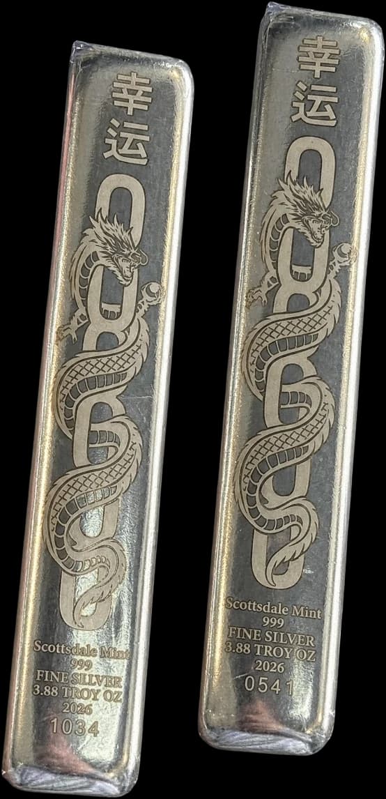 Two silver bars engraved with a dragon design