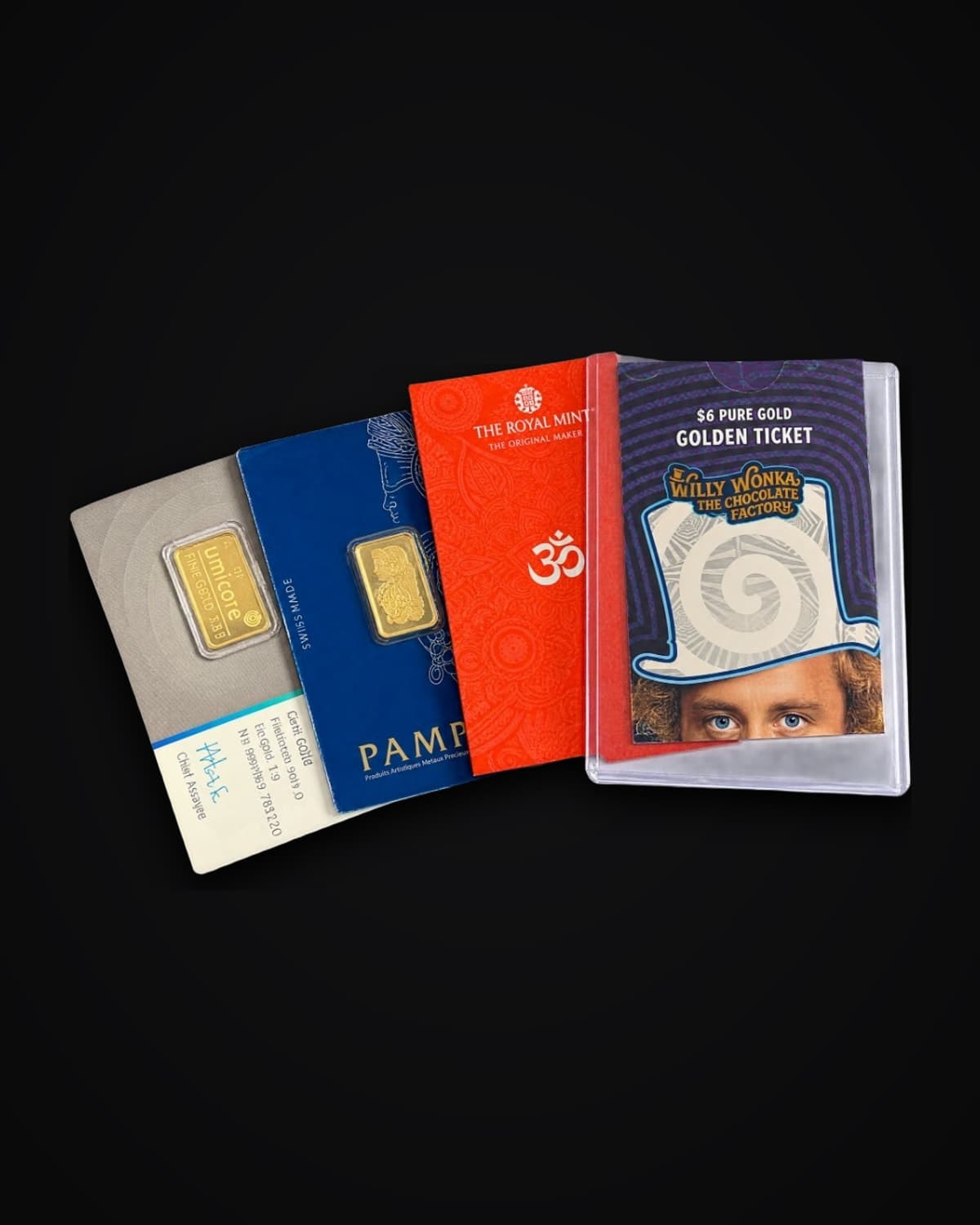 Three PAMP gold bar collector cards