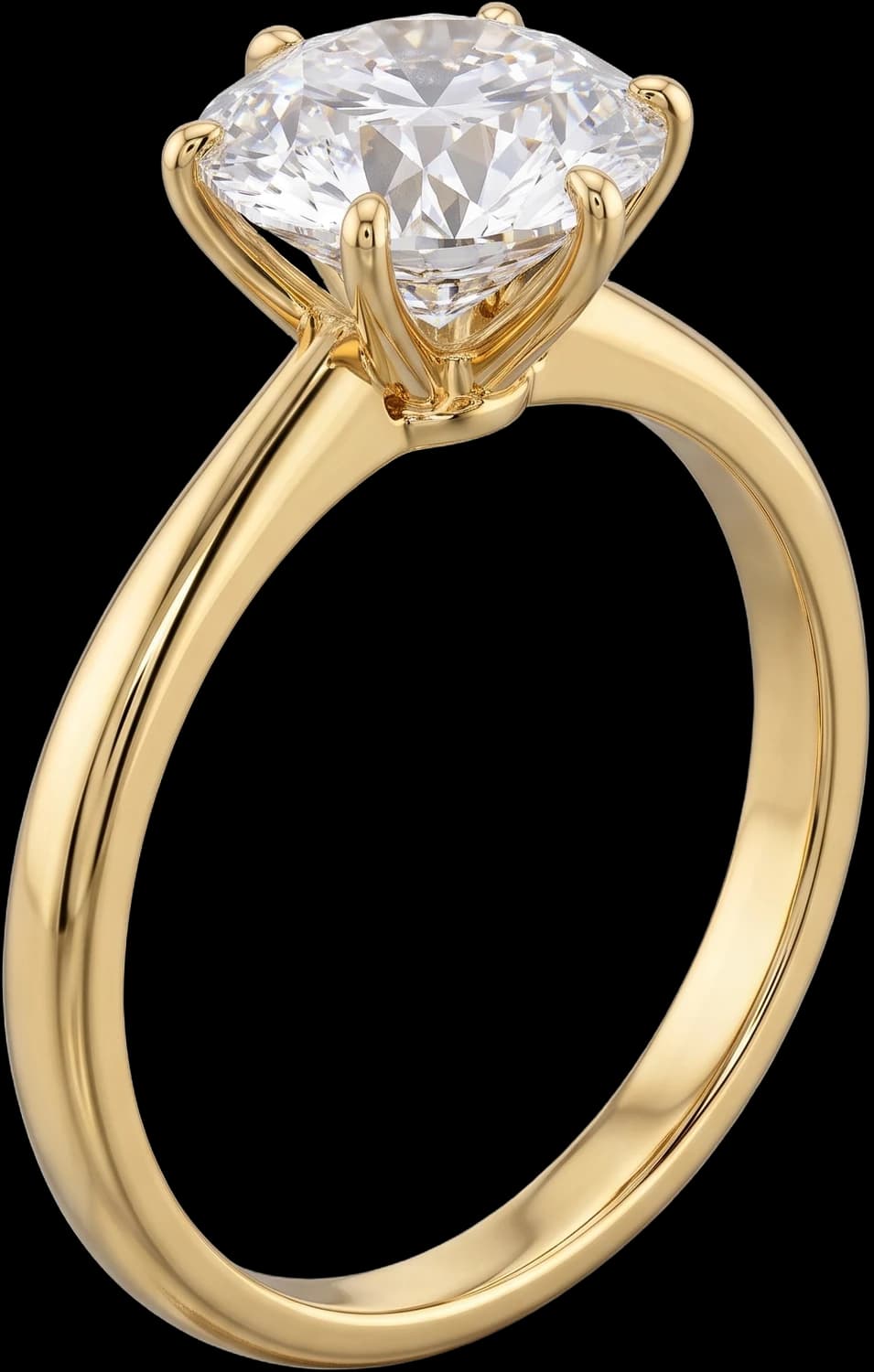 A yellow gold solitaire ring with one large round diamond held in six claws