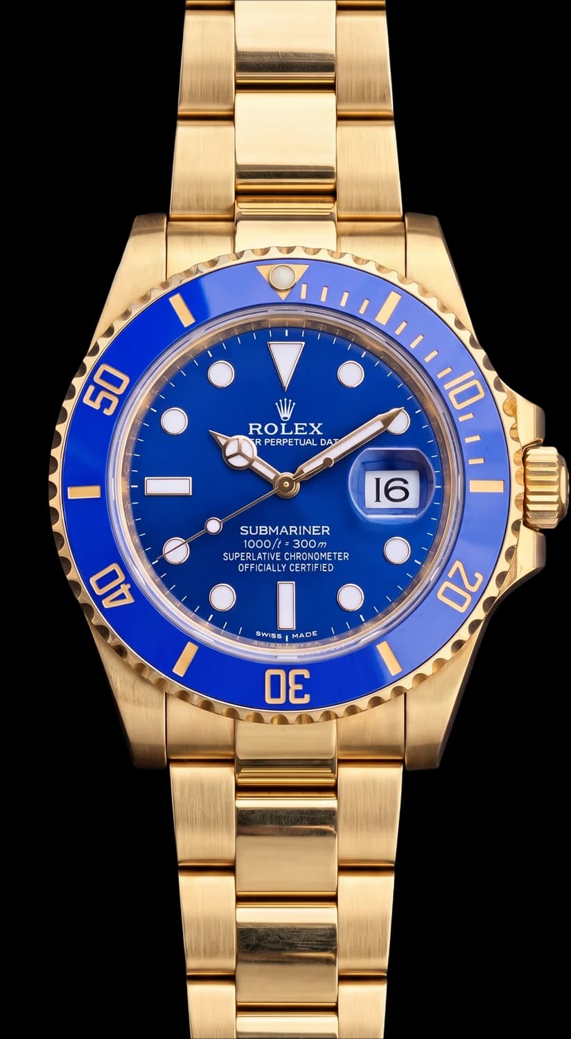 Gold dive watch with a blue dial and blue bezel on a gold bracelet