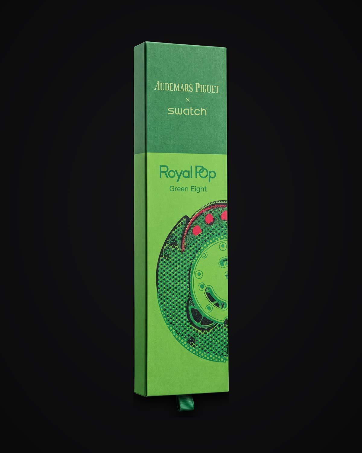 Boxed green digital watch in its green presentation box