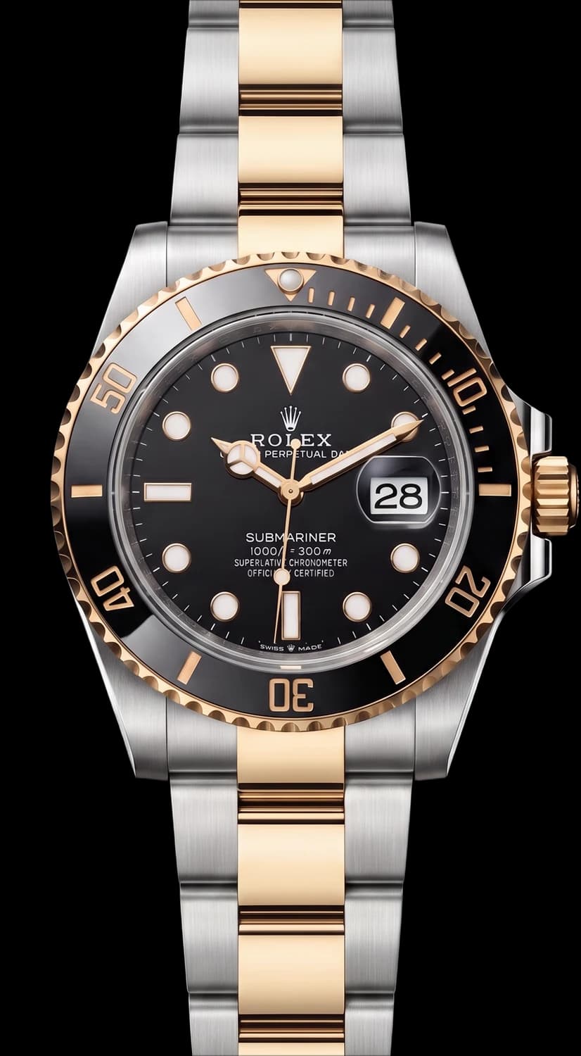 Two-tone steel and gold dive watch with a black dial