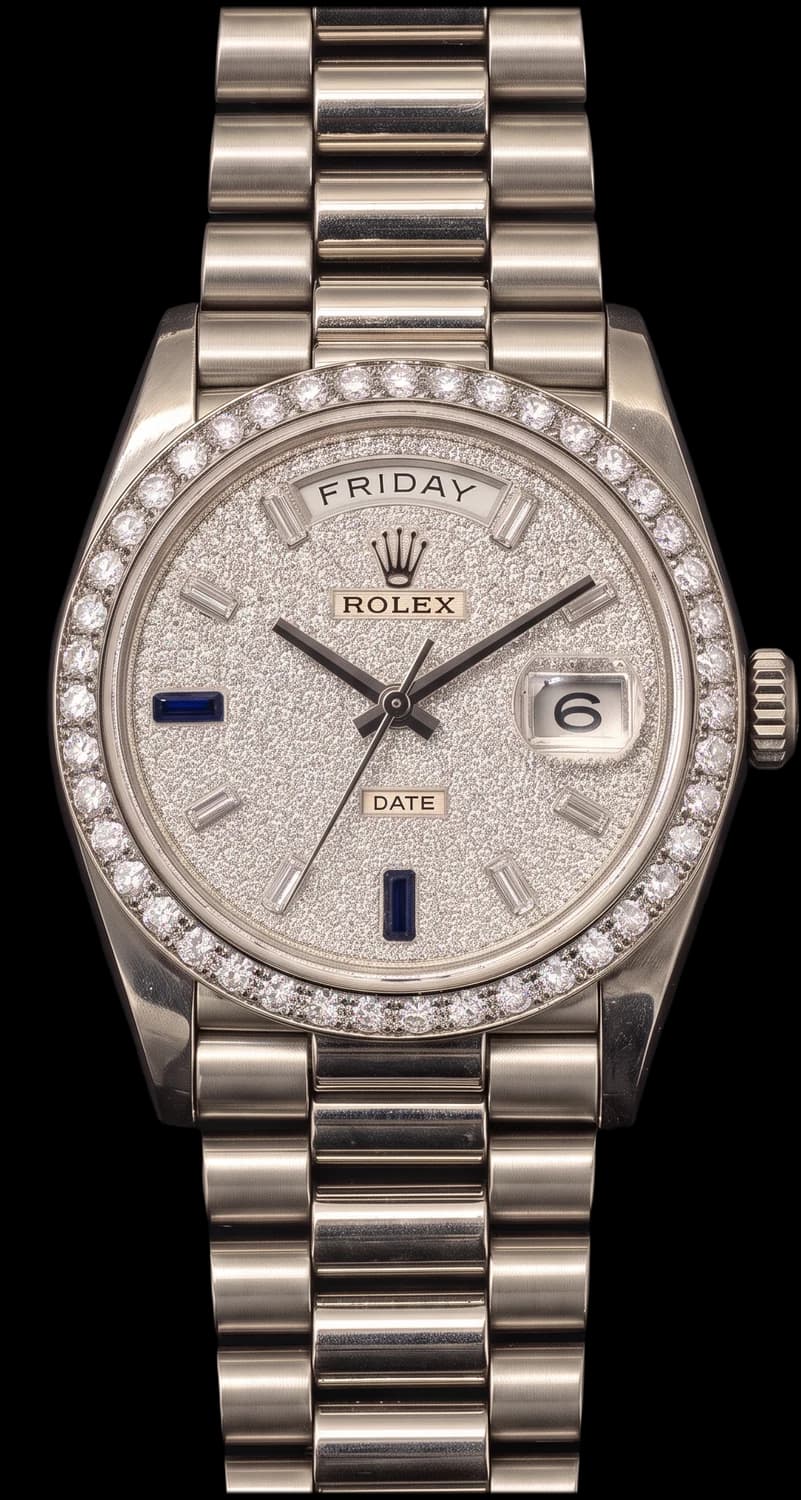 White-metal watch with a stone-set dial and bezel, a day window and a President bracelet