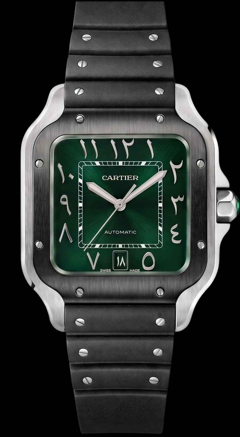 Square steel watch with a green dial on a black strap