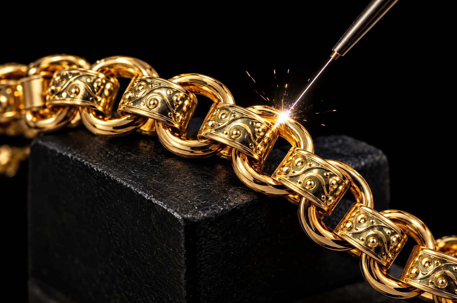 A fine laser welder joining a link of an engraved gold belcher bracelet, sparks at the joint