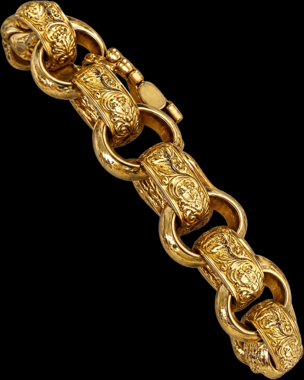 Gold bracelet of large engraved belcher links