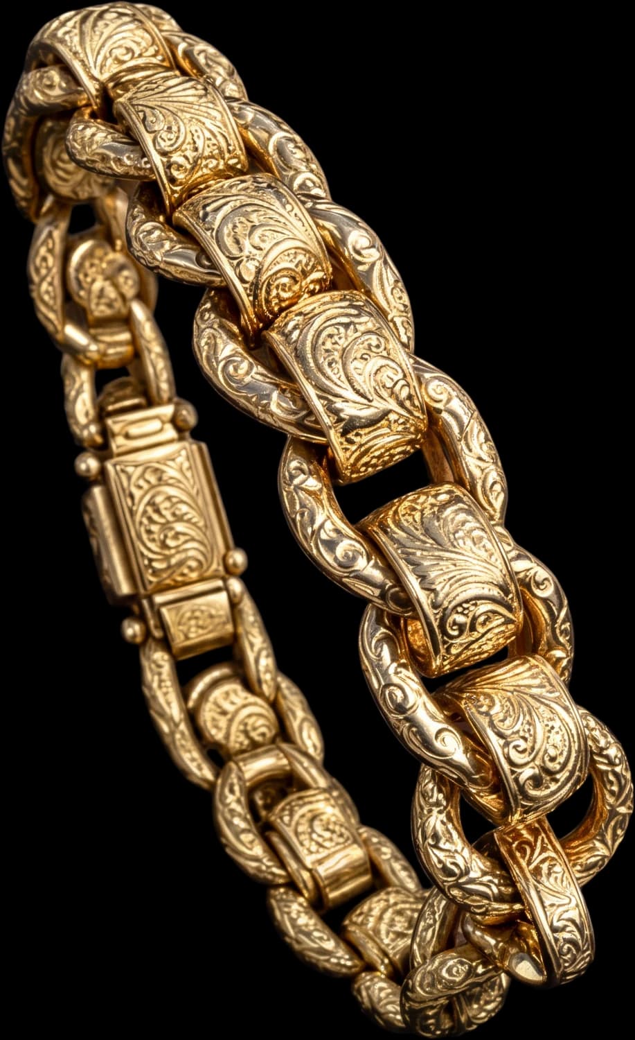 Heavy gold bracelet of engraved links