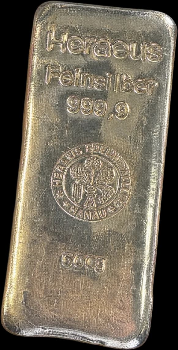 Cast silver bar stamped 500 g, fine silver 999.9