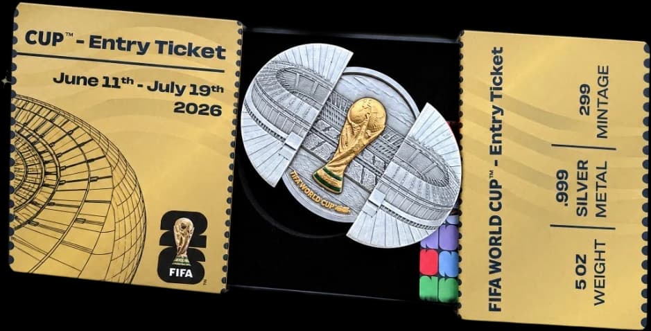 FIFA World Cup 'Entry Ticket' presentation box opened on a 5 oz silver coin showing the trophy