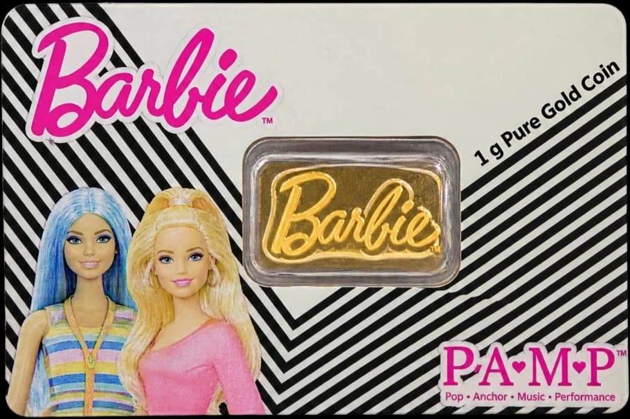 Barbie collector card with a sealed gold bar