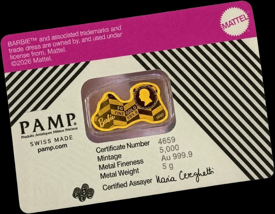 PAMP Barbie gold coin, shaped like the Barbie logo, sealed in its assay card