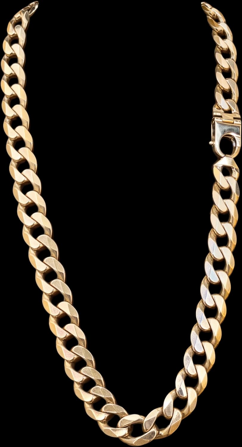 Gold curb chain, shown on a black background