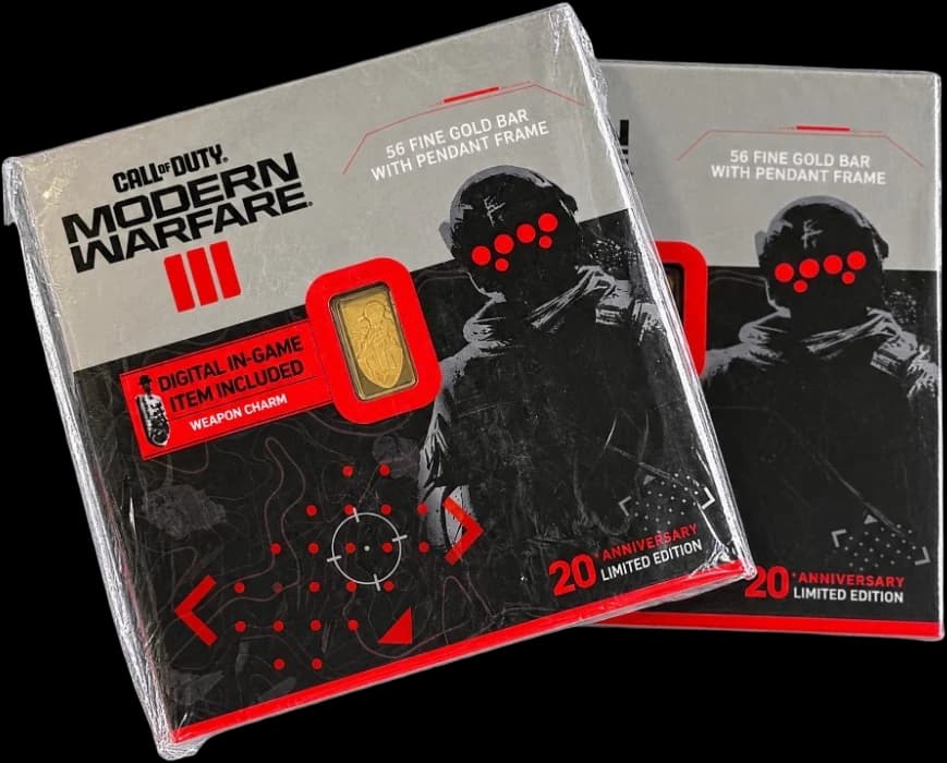 Two Call of Duty Modern Warfare III cards, each with a sealed gold bar