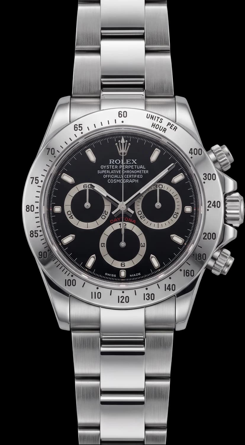 Steel chronograph with a black dial on a steel bracelet