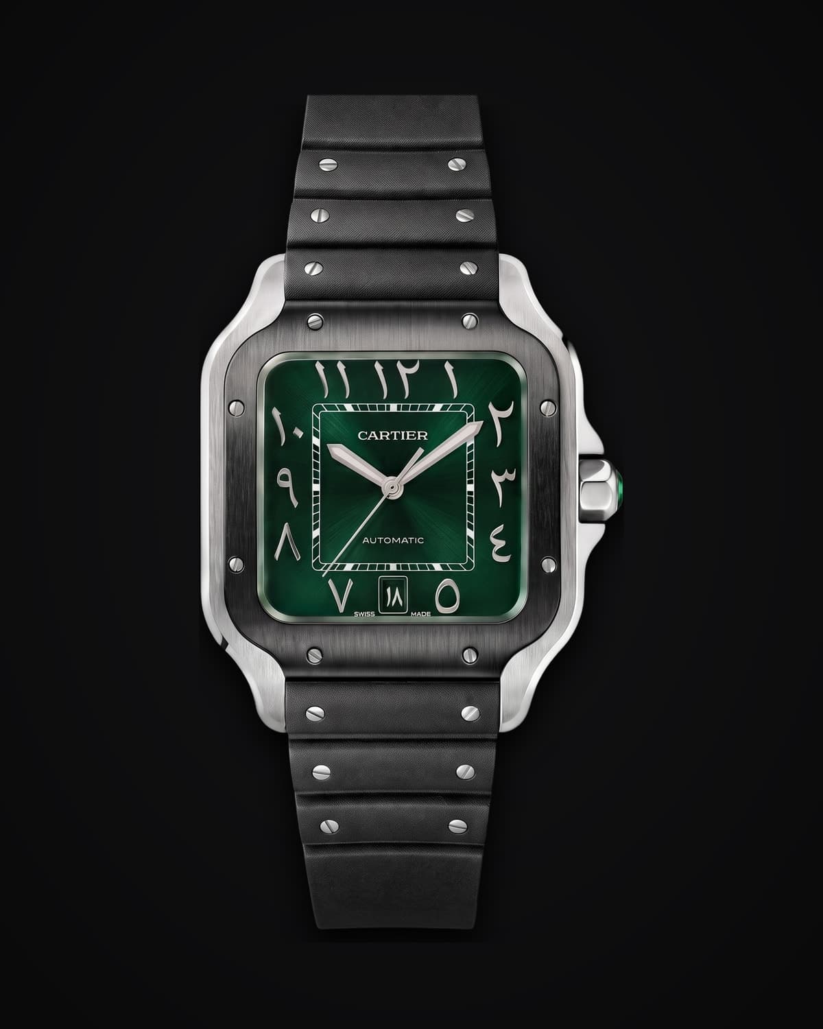 Square steel watch with a green dial on a black strap