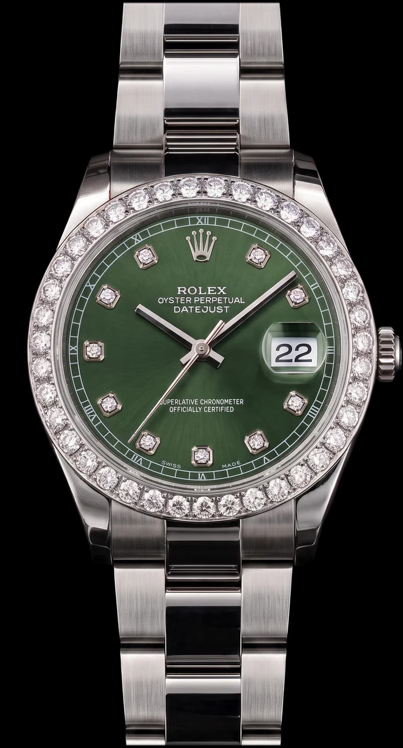 Steel watch with a green dial and diamond-set bezel
