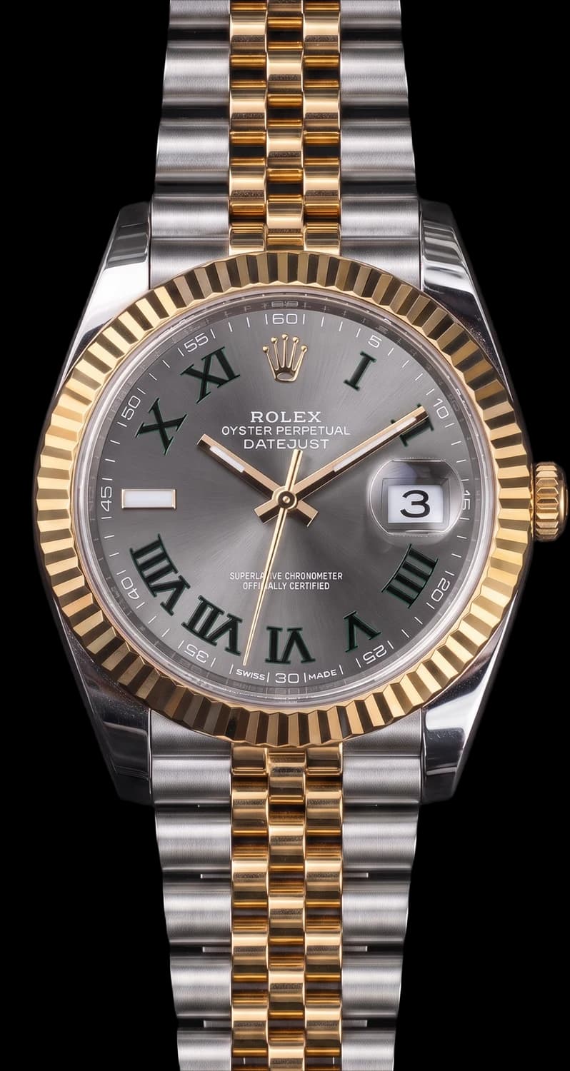 Steel and yellow gold watch with a slate dial, green Roman numerals and a Jubilee bracelet