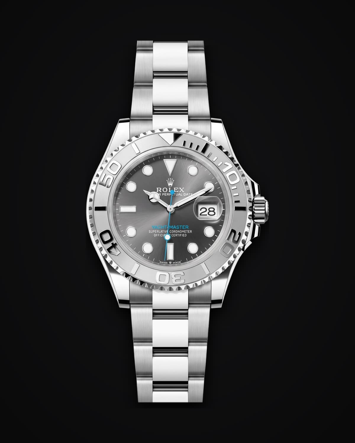 Steel watch with a rhodium grey dial and rotating bezel