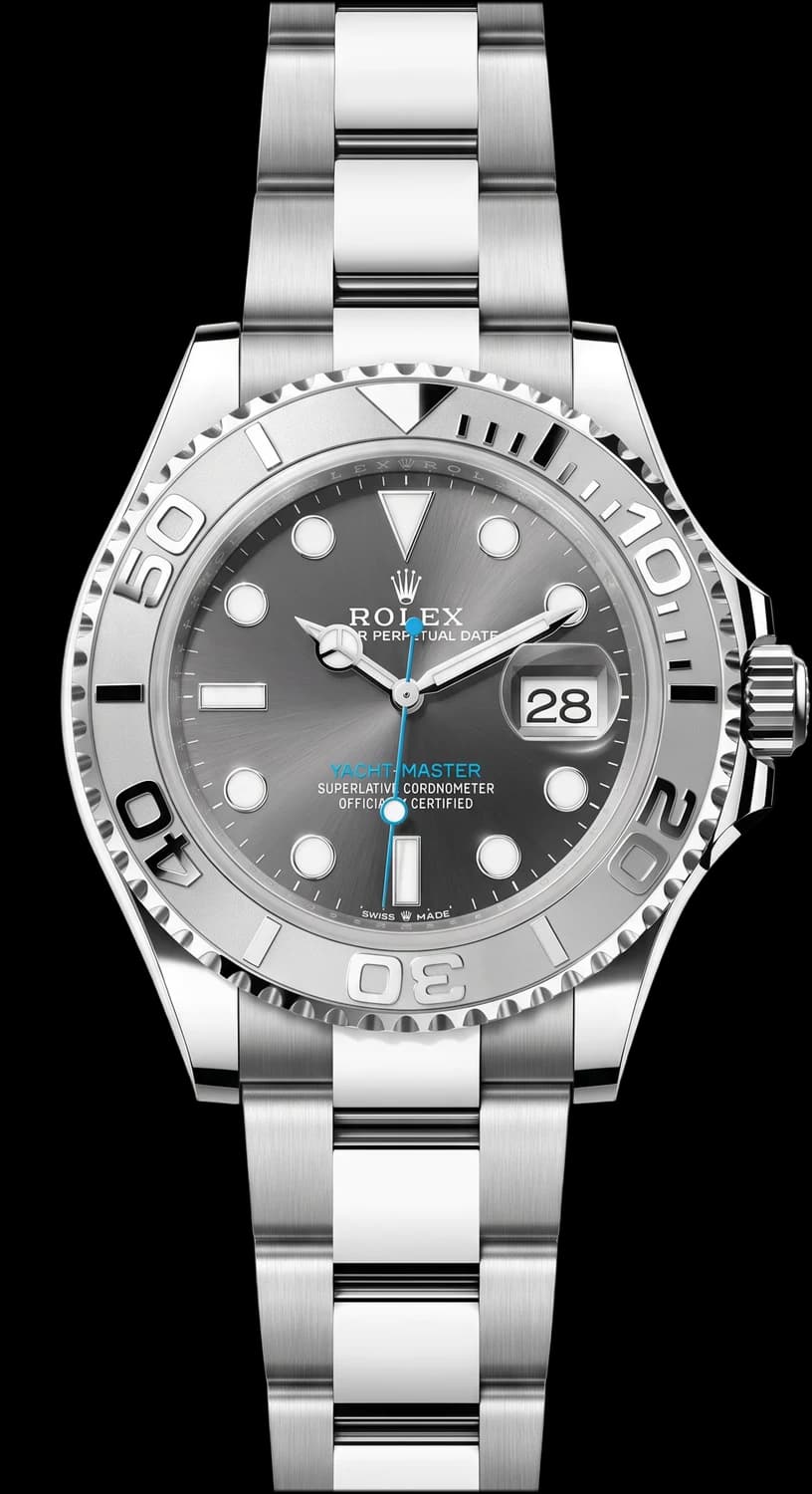 Steel watch with a rhodium grey dial and rotating bezel